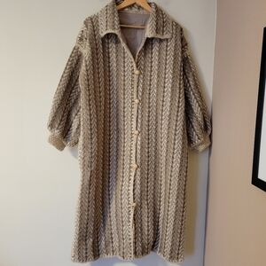 Vintage Handmade Woven Wool Knit Balloon Sleeve Duster Coat Jacket Neutral Large